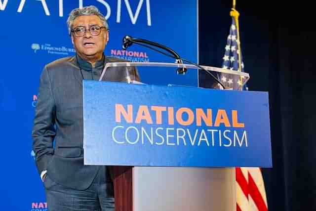 Swapan  Dasgupta speaking at the National Conservatism Conference in Washington.